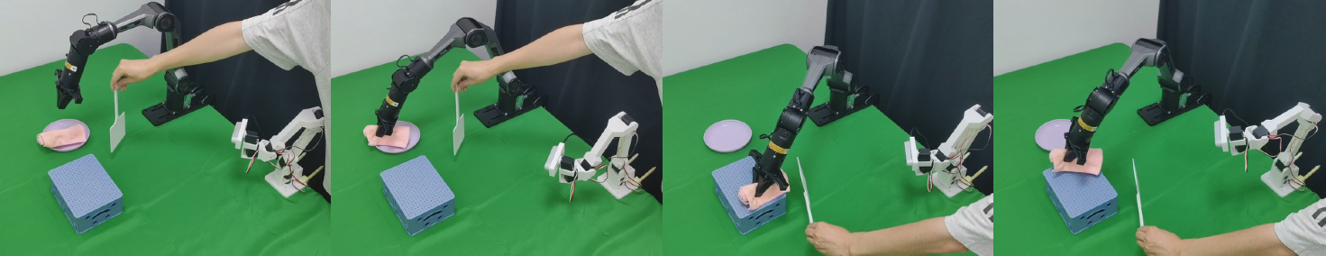 Four frames showing a physical robot manipulation sequence
