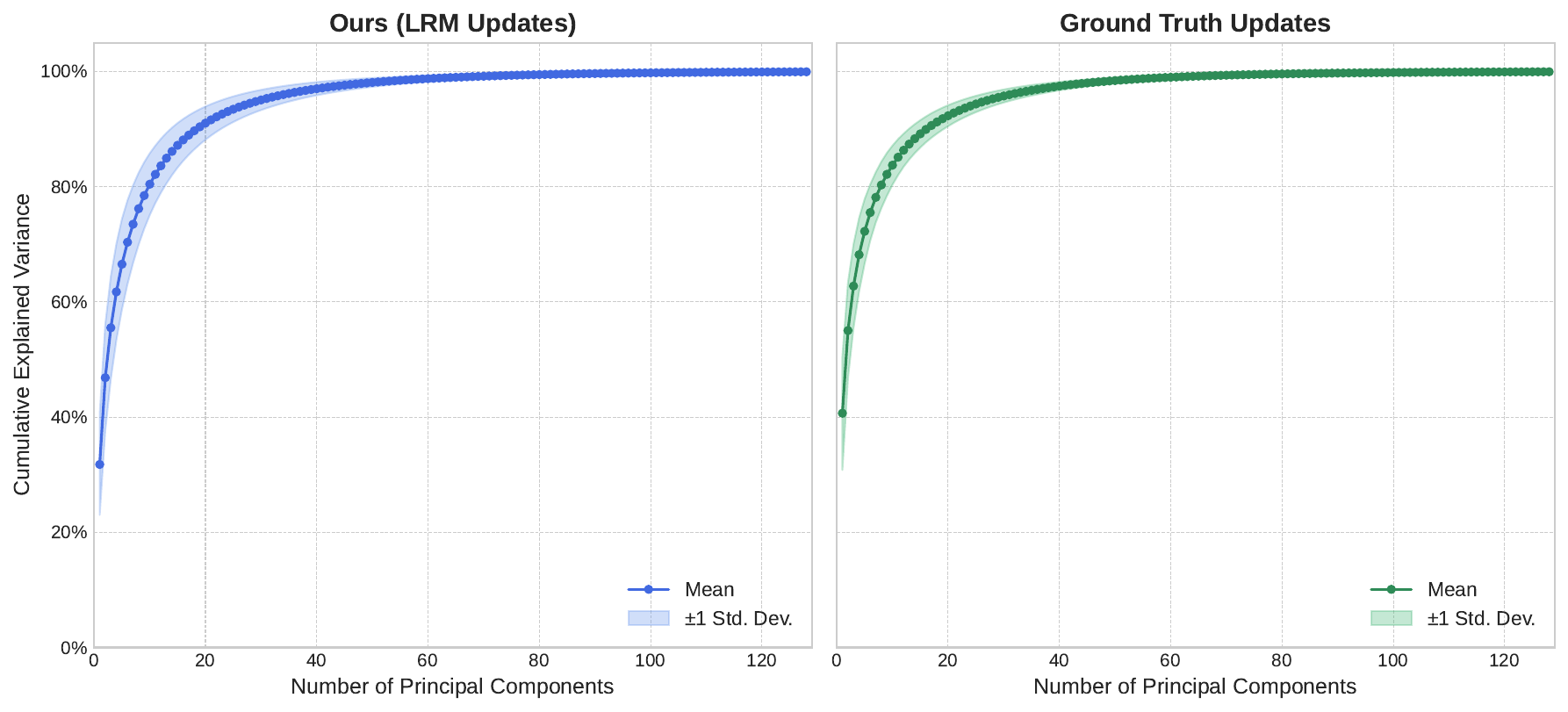 Parallel PCA analysis of LRM-predicted background updates and ground-truth updates, showing they share the same low-rank structure.